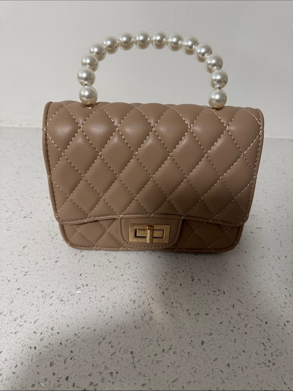 Quilted Pearl-Handle Top Handle Bag in Taupe